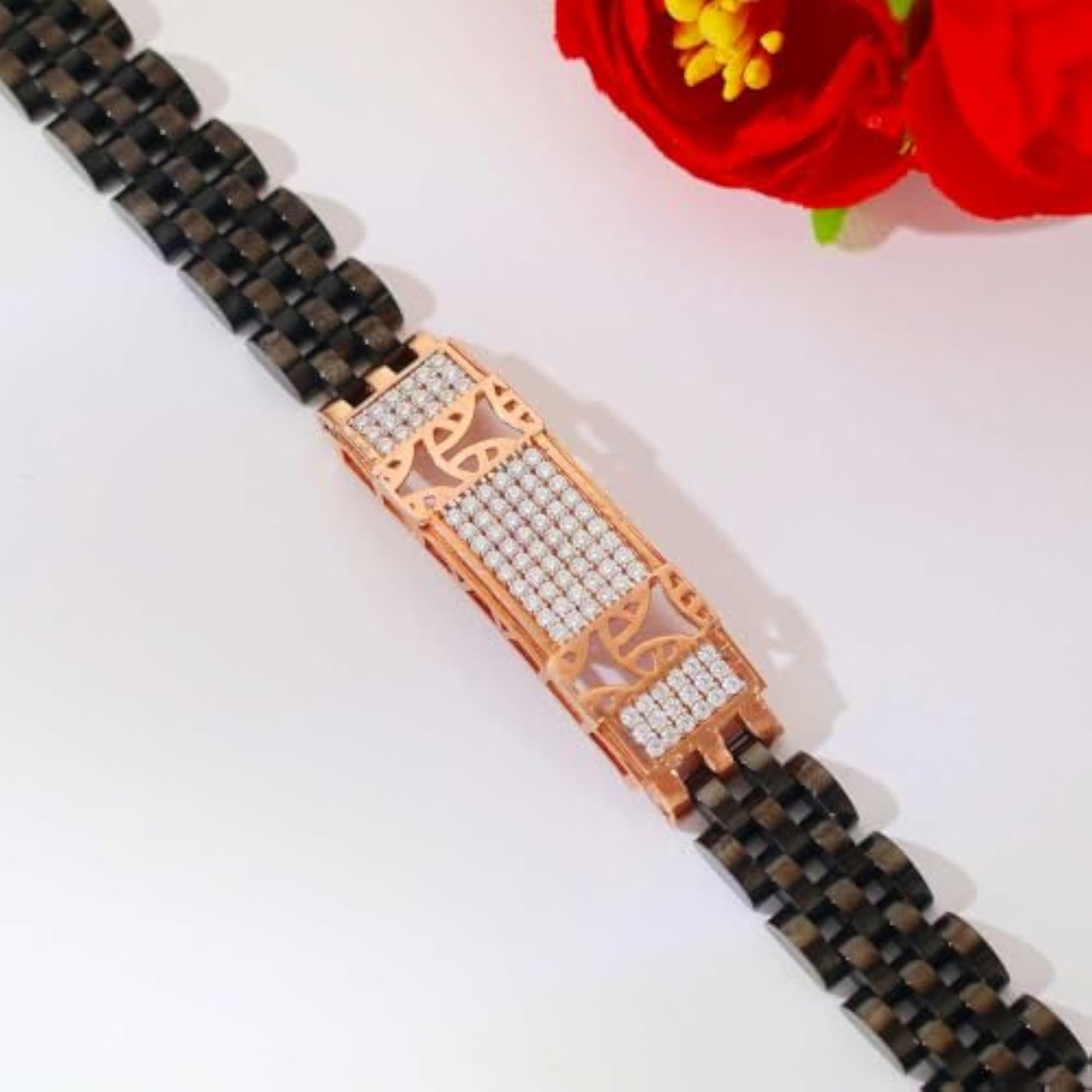 Men's 925 Sterling Silver Chain Bracelet with Rose Gold CZ, Stylish