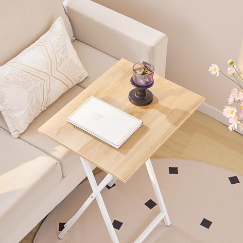 Image of HOOBRO Folding TV Tray Tables, Set of 4 TV Trays with Storage Rack, Industrial Side Table for Eating at Couch, Foldable Snack Table for Small Space, Easy Assembly, Natural and White, WN50BZ01