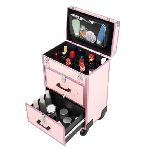 Maletín de maquillaje grande profesional de 3 pisos, maletín de maquillaje enrollable con 2 llaves, maletín cosmético con cerradura, moderno y sofisticado, 57 x 36 x 23 cm (rosa)