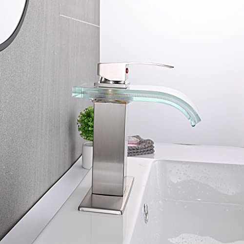 Avsiile Led Bathroom Sink Faucet, Brushed Nickel Waterfall Single Hole Handle Rv Bath Vanity Faucets For Sinks 1 Hole With Metal Pop Up Drain And 2 Water Supply Lines, Wide Glass Spout #TOP5