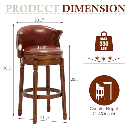 Butacos de barra CozyRain de madera de caucho, con tapizado en cuero genuino, giro de 360°, respaldo y reposapiés, para cocina, comedor y sala (juego de 2, color marrón, altura del asiento 29.5 pulgadas) miniatura 3