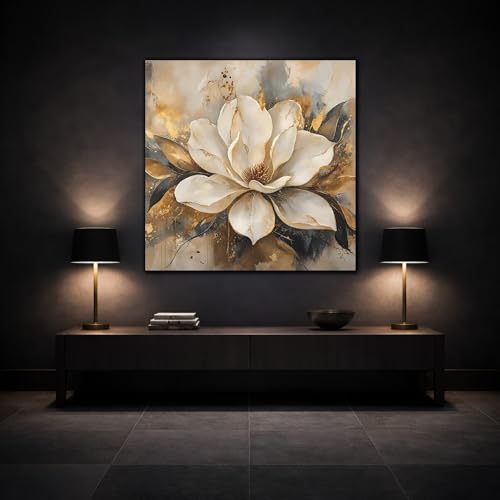 Toile magnolia blanc et or | Déco salon au-dessus de cheminée