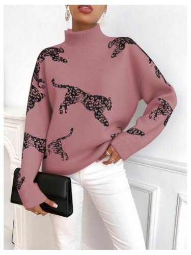 Image of WDIRARA Women's Leopard Tiger Print Sweater High Neck Long Sleeve Fuzzy Knitted Pullover Top