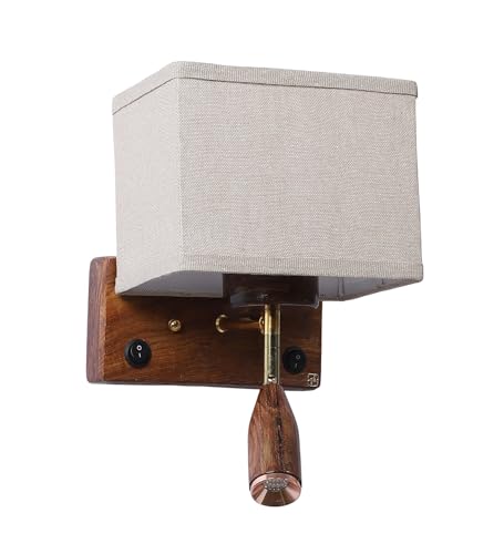 Image of Greenhouse Fully Handmade Sheesham Wood Wall Light Lamp | Khadi Fabric Shade with E27 Bulb Holder (Bulb Included) | Focus Light - 3W Warm White LED | Bedroom, Living Room, Hall, Office, Hotels