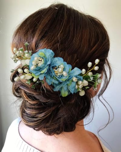 Image of Hair Flare Comb Slide for Women, Girls Artificial Flower Hair Accessories, Bridal Hair Pin for Bun, 2215 - Blue