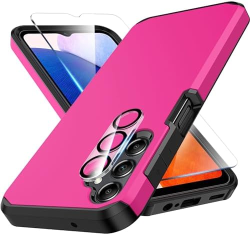 Huness for Samsung Galaxy A15 5G Phone Case, Heavy-Duty Ultra-Thin Dual-Layer Silicone, H8 Glass Screen Protector + Camera Lens Protector, Military-Grade Protection, Pink