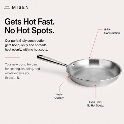 Image of Misen 5-Ply Stainless Steel 10 inch Frying Pan - Professional Cookware for Induction, Gas and Electric - Dishwasher Safe, Oven Safe to 800F - Durable, Versatile, Even Heating