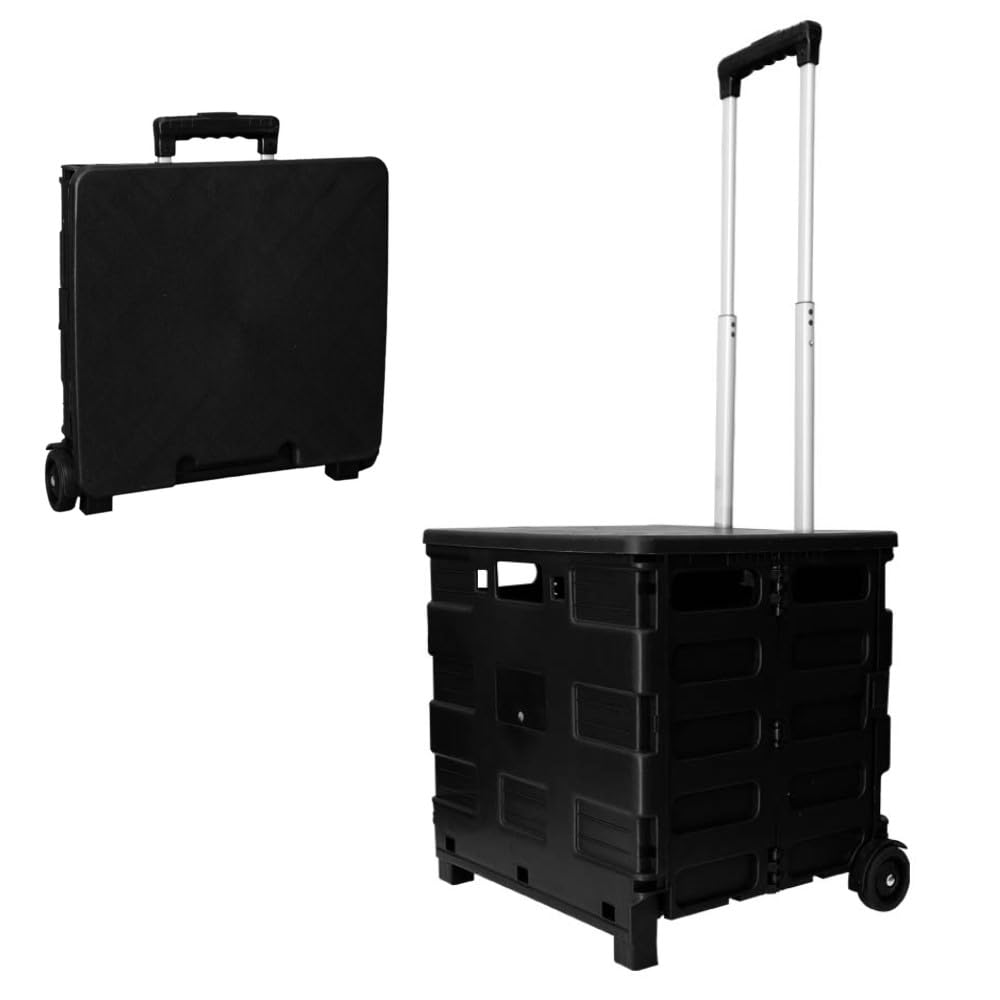 35kg Folding Shopping Trolley Storage Boot Cart Box | Collapsible Trolley with Lid | Portable Utility Cart with Telescopic Handle (Black)