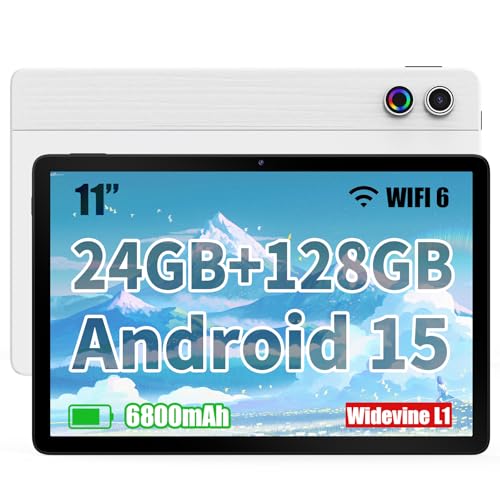 Laptok Android 15 Tablet 11 Pollici, Batteria da 6800mAh, 24GB+128GB+1TB Espansione, Display HD IPS 1280×800, WiFi 6 Bluetooth 5.3, Octa-Core, Doppia Fotocamera 5MP+8MP, Widevine L1, Face ID