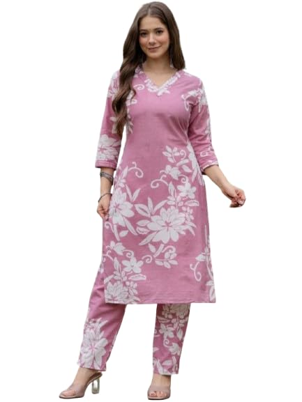Image of Women's Floral Printed Cotton Blend 3 /4th Sleeve Knee Length V-Neck Kurta and Pant Set for Women (Pack Of 1)