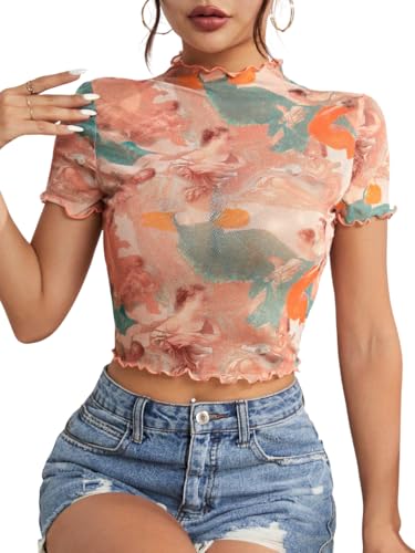 mikuchiku Mesh Crop Top |with Unique Print |Sheer Short Sleeve Ae...