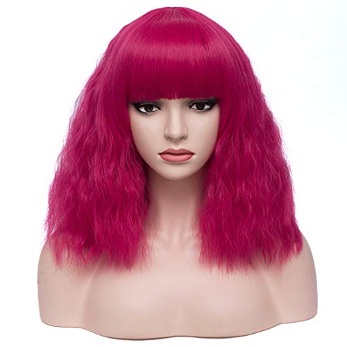 BERON Women’s Short Bob Wig Curly Hot Pink Wig with Bangs for Women Halloween Cosplay Wig for Daily Use Synthetic Wigs (Hot Pink)