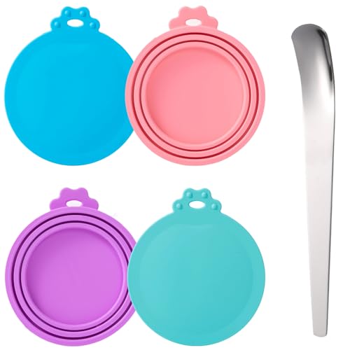  Universal-Dosendeckels für Haustier Tierfutter-Dosendeckel﻿ Deckel für Nassfutter für Haustiere,3 in 1 Silikon Dosendeckel für Hunde und Katzen mit Löffeln Katzennass Futterdeckel,4 Stück