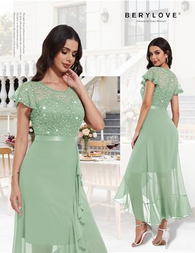 Image of BeryLove Formal Long Dresses for Women Wedding Guest Cocktail Bridesmaid | Airy Lace & Chiffon Evening Gown, Flutter Sleeve, Ideal for Mother of the Bride, Prom, Homecoming Party & Semi-Foraml Events