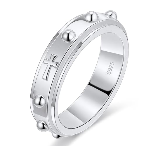 LYTTMAB S925 Sterling Silver Rosary Ring For Women Finger Catholic Pocket Rosary Ring For Man or Lady Cross Spinner Ring For Men Ring Size 11