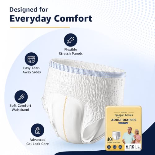 Image of Amazon Basics Economy Adult Diapers Pant Style for Men & Women | Large Size | 60 Count (10 x Pack of 6) | Up to 8 Hours Absorbency | Wetness Indicator | Soft & Comfortable | Disposable | White
