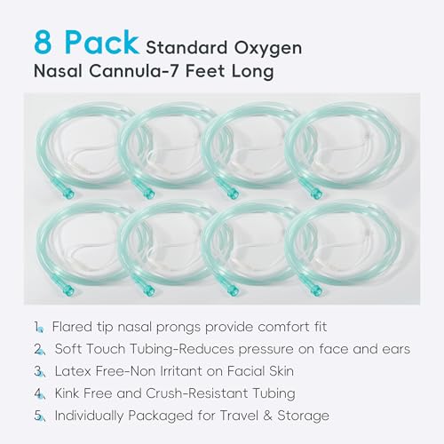 Image of 7 Foot Green Nasal Cannulas for Oxygen, Standard Kink Resistant Cannula Nasal Tubing for 0xygen - 8 Pack Oxygen Cannula with 2 Pairs Ear Cusions