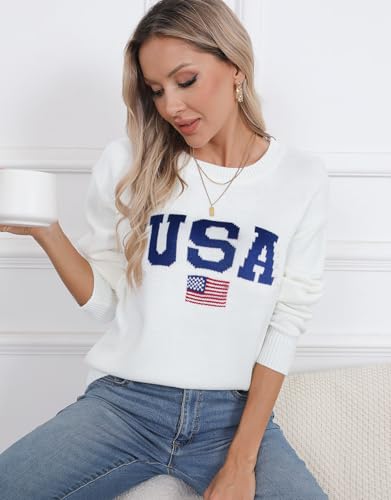 Image of Womens American Flag Sweater Crew Neck Casual Pullover Sweater