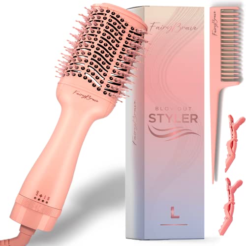 FairyBrave Blow Dryer Brush - Hot Air Volumizer with Hair Clips and Teasing Comb for Medium to Thick Hair, Pink