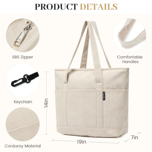 Image of Large Canvas Tote Bag for Women, Beach Bag with Zipper, Utility Tote Bag with 3 Front Pockets, Weekender Pool Bag