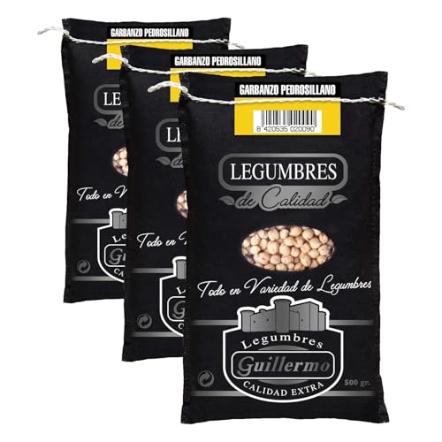 Guillermo | Garbanzo pedrosillano - Saco 500 g. | Gourmet | Calidad Extra | Bajo en grasas y alto contenido en proteínas | Por su textura firme requiere un mayor tiempo de cocción (Paquete de 3)