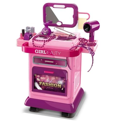 Il set beauty è la postazione perfetta per tutte le piccole amanti del glamour! Include un ampio piano con specchio, asciugacapelli, pettine, profumo, trucchi e gioielli per ricreare un vero salone di bellezza. Ogni accessorio è studiato per stimolare fantasia, creatività e gioco di ruolo.