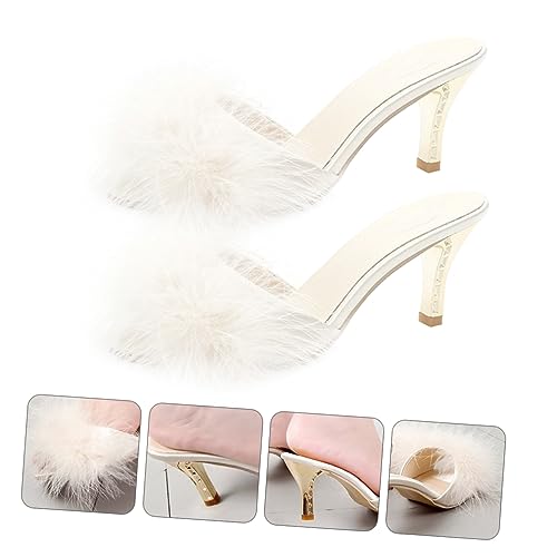White Womens Faux Fur Kitten Heel Summer Sandals Mules Slip on Open Toe Backless Dress Sexy Low Heeled Slipper Slides Fuzzy Slippers Sandal4