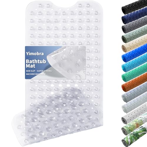 Yimobra Non Slip Bathtub Mat 40 x 16 Inch, Extra Long Shower Mat with Drain Holes, Machine Washable Baby Bath Mats, Strong Suction Cups for Bathroom Floor, Clear
