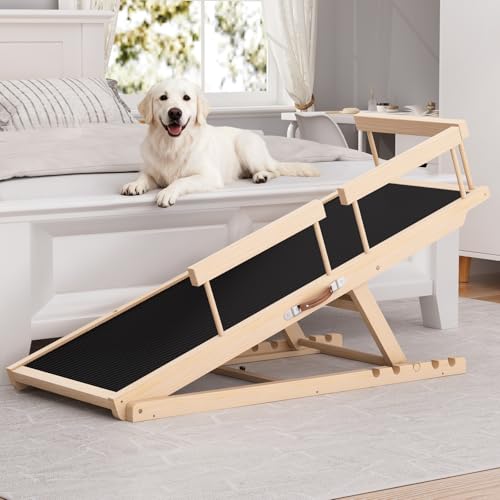 Chuiendi Dog Ramp for High Bed, Couch, Car, Pet Ramps 55.12" Long Adjustable 19.3"-27.17" Wooden Dog Step with Anti-slip Rubber Mat & Safety Side Rails for Small Medium Large Older Pets, up to 250 lbs