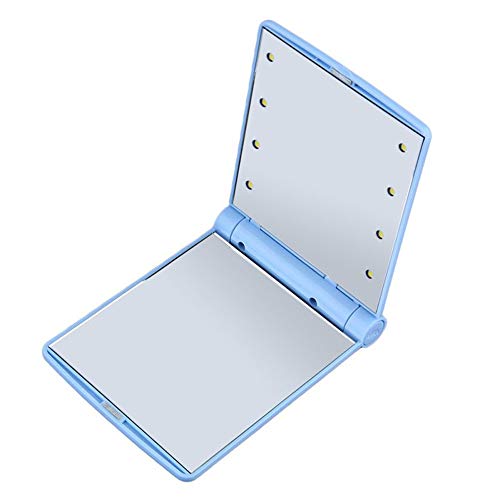 Preisvergleich Produktbild 8 LED-Leuchten, Faltbar Schminkspiegel, Doppelseitiger HD Spiegel Kompakter Spiegel, Beweglicher Kosmetische Beleuchtung Handtasche Spiegel, Faltbarer Taschenspiegel,Blau