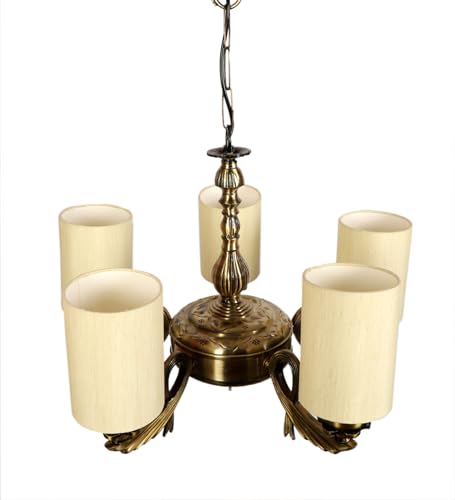 Image of Devansh 05-Light Conical Off-White Cotton Shade Chandelier - Antique Golden Finish | Adjustable Cord | Warm Glow Lamp - Ceiling Light for Living Room, Dining Area, Bedroom & Entryway Decor - D10