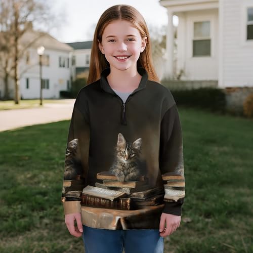 Image of AmzPrint Girls Graphic Quarter Zip Coat Long Sleeve Lightweight Oversized Athletic Running Hoodies For Kids Teen Girls