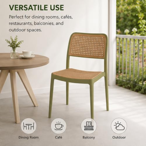 Image of NARSA Modern Rattan Style Dining Chair for Home & Cafe | Cane Pattern Plastic Chair with Ergonomic Backrest | Lightweight & Durable Indoor Outdoor Seating Chair (Green, Armless, Set of 1)