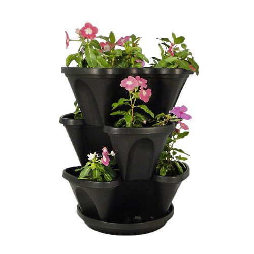 Natures Distributing 3 Tier Stacking Planter-Flower, Herb, Stackable Garden, Vegetable-Self-Watering-Indoor/Outdoor, Black
