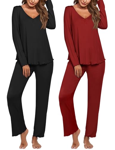 Image of Ekouaer Womens 2 Pack Pajama Set Long Sleeve Pajamas Top and Pants V Neck Pjs Set Soft Sleepwear Loungewear