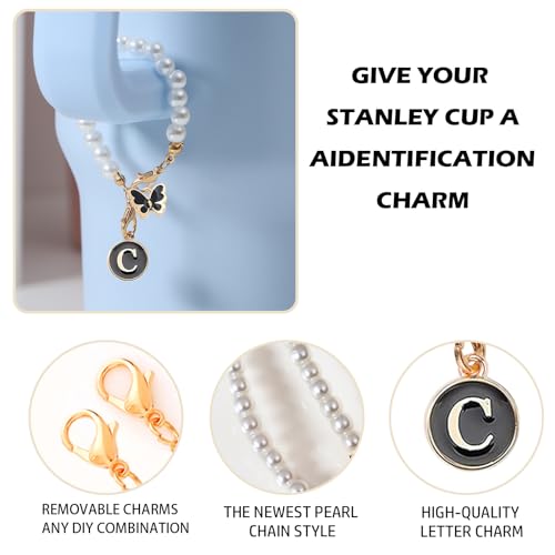 Image of Letter Charm for Stanley Cup,Pearl Chain Accessories Stanley Cup Initial Charms for Handle Stuff Decor Water Bottle Jewelry Tumbler Cute Personalized Name ID Decorations Black Tag (C)