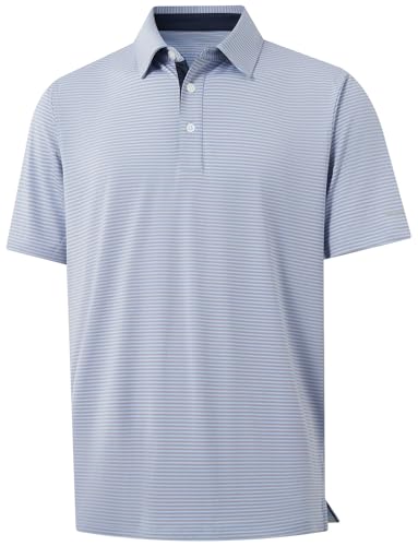 Image of Golf Shirts for Men - Dry Fit Moisture Wicking Short Sleeve Performance Sport Casual Striped Collared Mens Polo Shirt