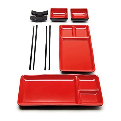 Goliber 8 Piece Japanese Style Sushi Plate Dinnerware Set - Includes 2 Sushi Plates, 2 Sauce Dishes, 2 Pairs of Chopsticks, 2 Chopsticks Holders (Red) Cover
