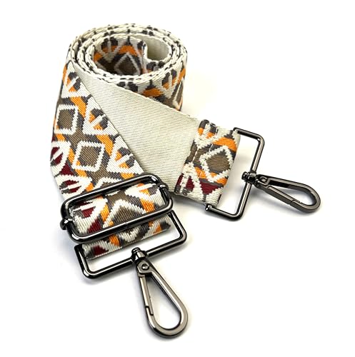 Image of Cream Brown Orange Boho Diamond Purse Strap with Gunmetal Black Hardware 2 Inch Wide Replacement Crossbody Guitar Style Shoulder Strap for Handbags Totes