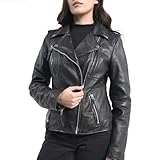 STREGA Leather Jacket Women Lambskin Leather Motorcycle Jacket-Real Leather Moto Jacket for Women(US, Alpha, Medium, Regular, Regular, Black)