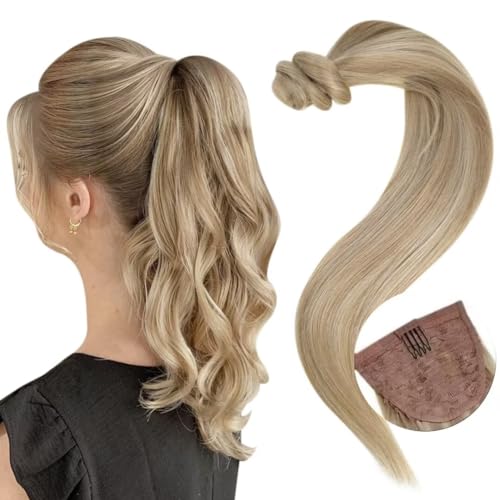 Easyouth Blonde Ponytail Extension Human Hair Highlight Real Hair Ponytail Extension Highlight Blonde Wrap Around Ponytail Hair Extensions Real Human Hair 12 Inch 70g