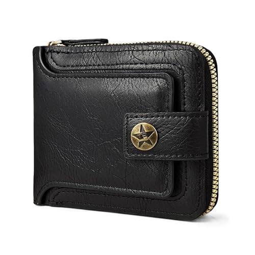 Image of Men Wallet, Vintage PU Leather Multi-Card Zipper Wallet with 10 Card Slots and Zipper Pocket Large Capacity Buckle Credit Card Holder Wallet with Zipper (A, Black)
