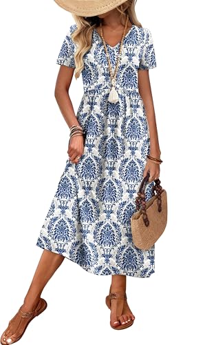 Image of OFEEFAN Summer Dresses for Women Flowy Casual A-Line Midi Dress Beach Vacation Sundresses with Pockets S-2XL