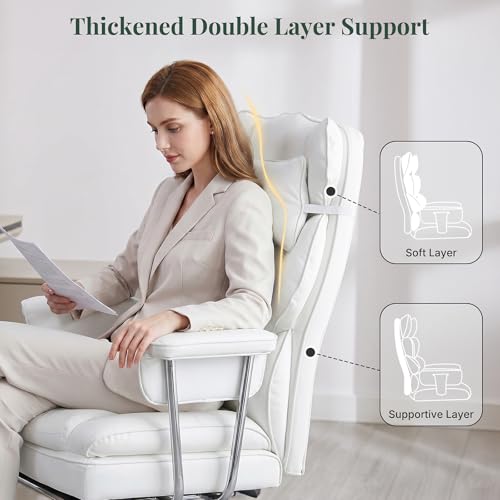 Image of Executive Ergonomic Office Chair, PU Leather High Back Reclining Office Chair with Footrest and Lumbar Support, Height Adjustable Rolling Swivel Computer Chair for Home Office,White