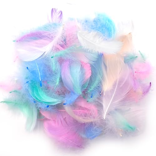 AIZHAZHA Penas, 100 peças penas brancas, 100 peças penas cores, 5-8 cm, decorações de penas, penas manuais, penas de ganso, penas naturais para bricolagem, caçador de sonhos, festas, casamentos