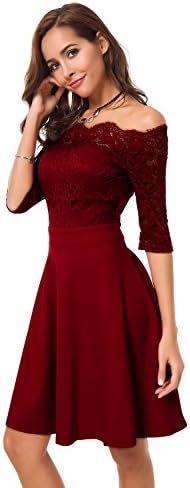 Atnlewhi Womens Vintage Lace Floral Off Shoulder Elegant Swing Dresses A-line Mini Dress for Party Cocktail Wedding