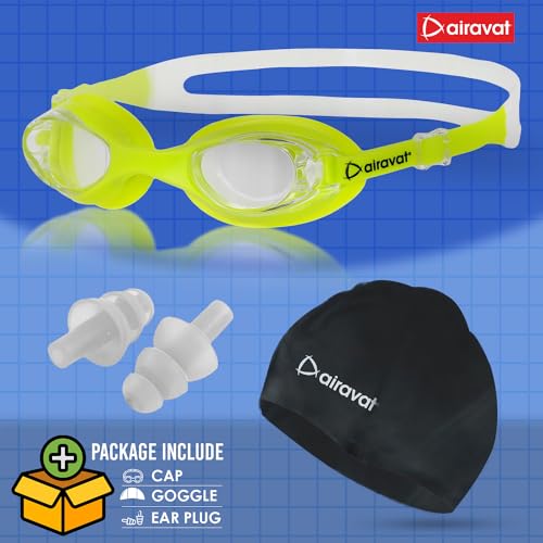 Image of AIRAVAT Hydro 0027 Swimming kit, Swimming Set With Swimming Goggle Nose & Ear Plug And Swim Cap | Optic Quality Poly carbonate Lenses, 100% UV Protection Anti-fog Coated, Ultra Durable (Lime)