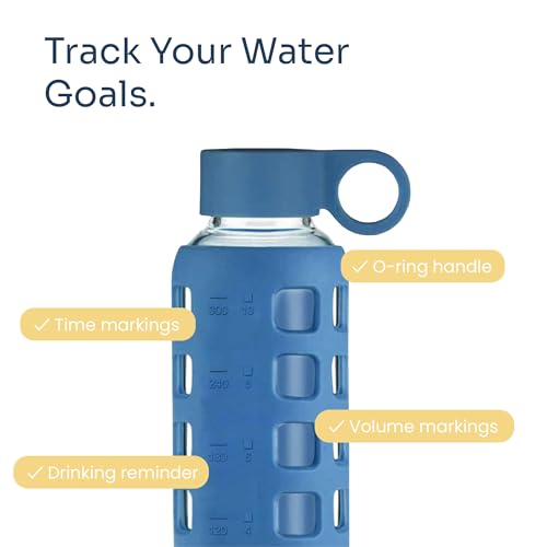 purifyou 40oz / 32oz / 22oz / 12oz Borosilicate Glass Water Bottle with Time & Volume Markers, Silicone Sleeve, Stainless Steel Lid | Reusable Glass Bottle for Water & Juice (12oz Chinese Porcelain)