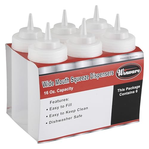 Winco 16oz Squeeze Bottles, Wide Mouth, Clear, 6pcs/pk