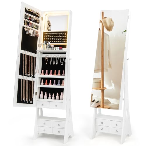 COSTWAY 3-Color LED Lights Jewellery Cabinet, Freestanding Jewelry Armoire with Full Length Mirror, Large Storage and Foldable Shelf, 3-Angle Adjustable Bedroom Jewellery Organiser Unit (White)